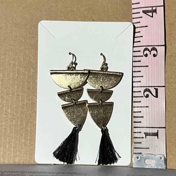 Brushed Gold Tiered Tassel Earrings Gold Black Dangle Boho Preppy Half Circle - Picture 6 of 6